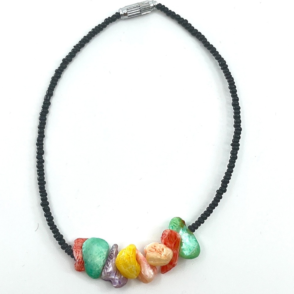 Vintage Retro Multi-Color Stone Bead Bracelet Black Seed Bead Boho 9" Classic‎